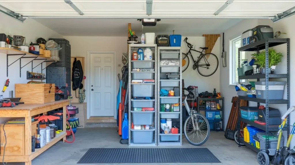 A photo of a garage with several areas organized for different purposes. In the front, there's a workbench with tools and a wooden box. Next to it, there's a shelf with gardening supplies. In the middle, there's a tall storage unit filled with various items. Behind it, there's a bicycle hanging on the wall. The floor is covered with a rubber mat. The background contains a door and a window.