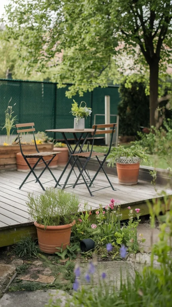 A photo of an outdoor garden space with a wooden deck. There's a table with chairs on the deck. There are potted plants and a few flowers on the ground near the deck. The background reveals a green fence and a tree. The overall ambiance of the photo is serene.