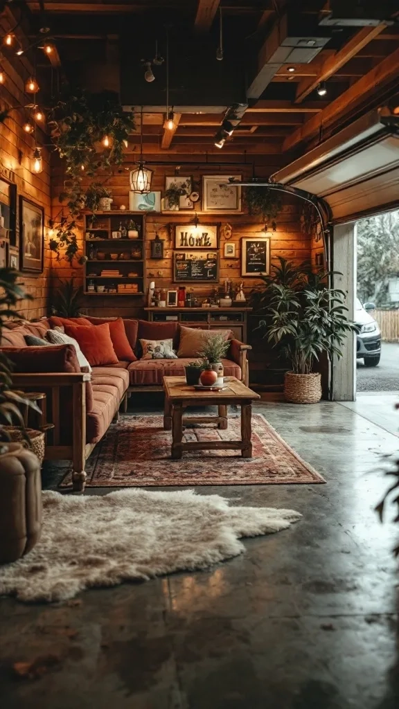 Cozy rustic lounge area in a garage with comfy seating and warm lighting.