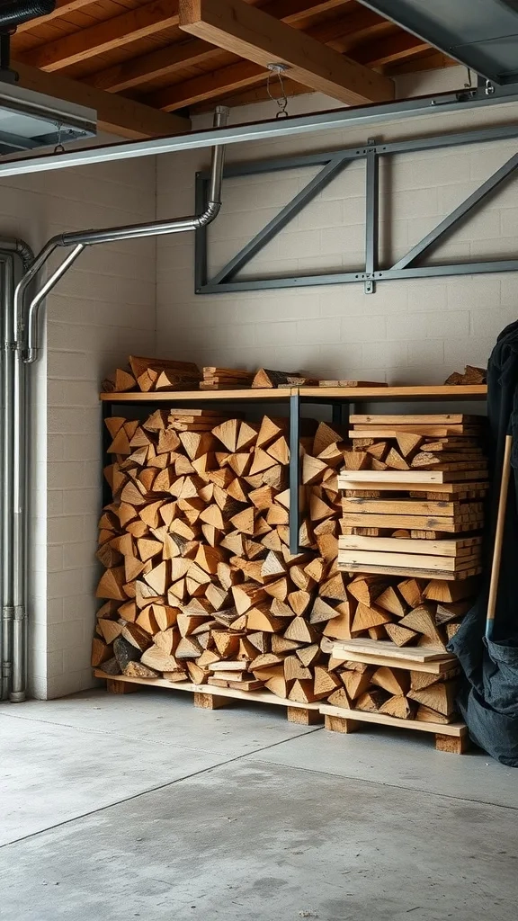 Neatly stacked firewood in a garage storage area