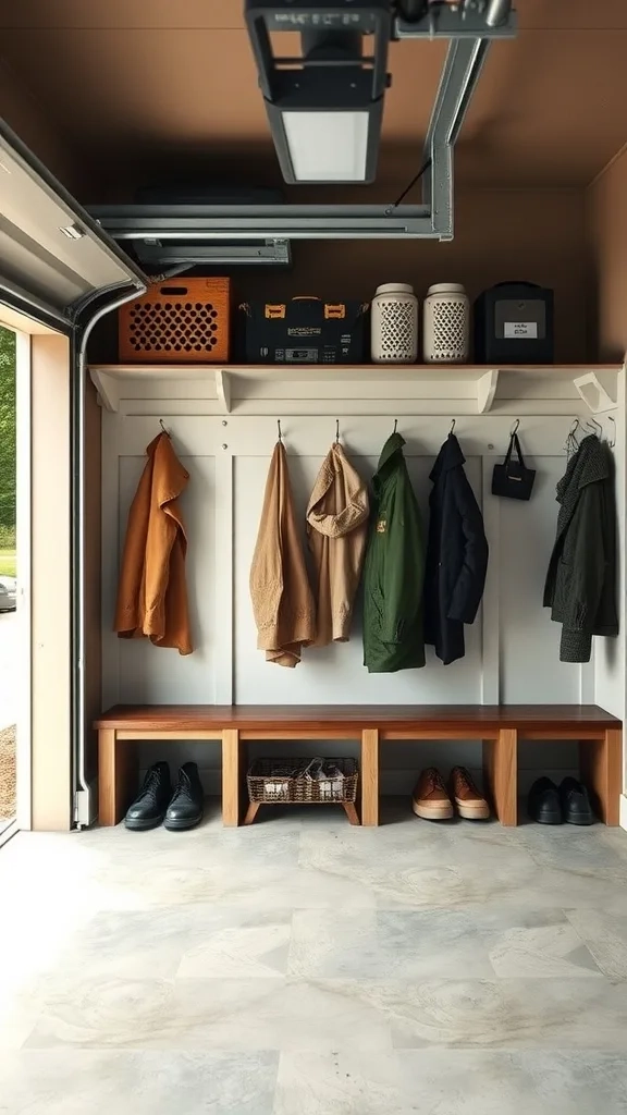 A functional mudroom in a garage with coats hanging on hooks and shoes neatly arranged under a wooden bench.