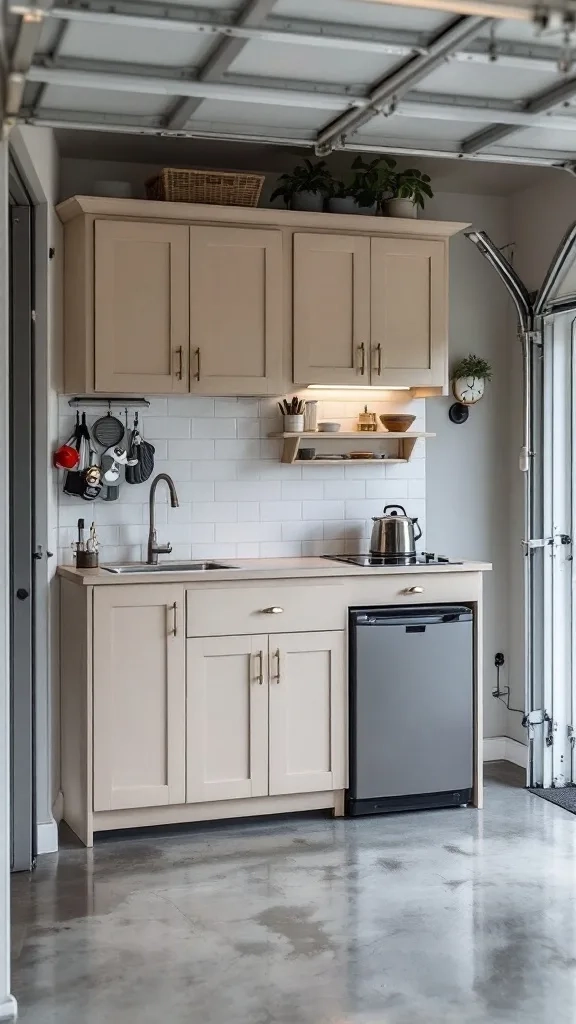 A compact kitchenette in a garage with a small fridge, sink, and countertop.