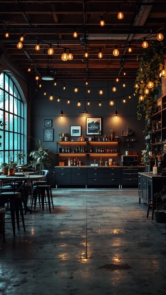 A stylish garage lounge featuring ambient string lights, plants, and a modern decor