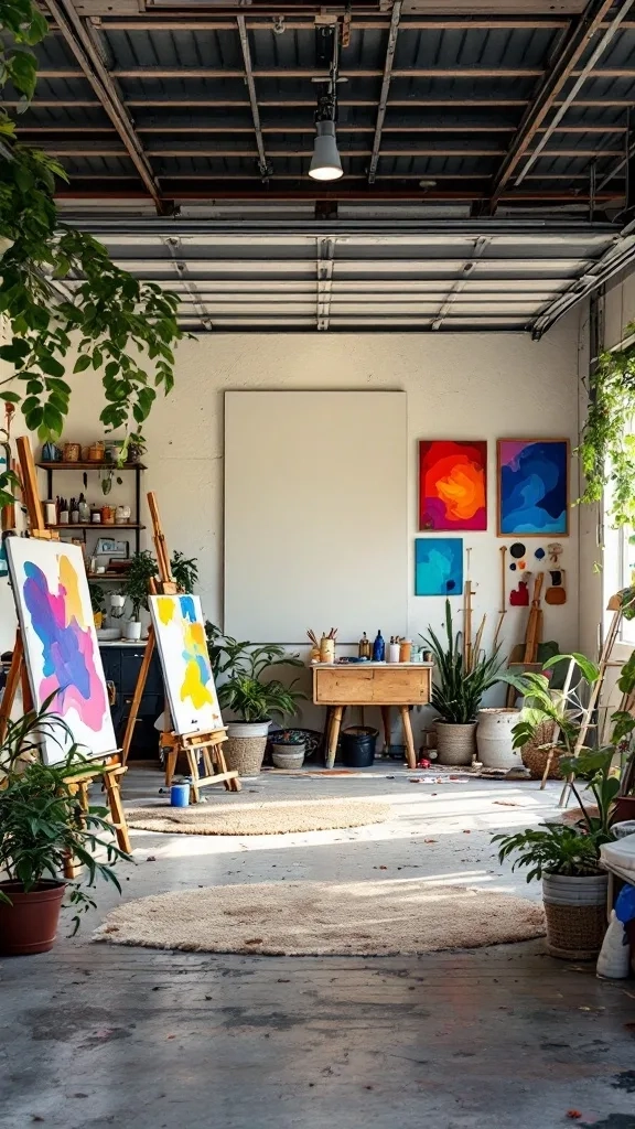 An art studio setup in a garage with easels, paintings, and plants.