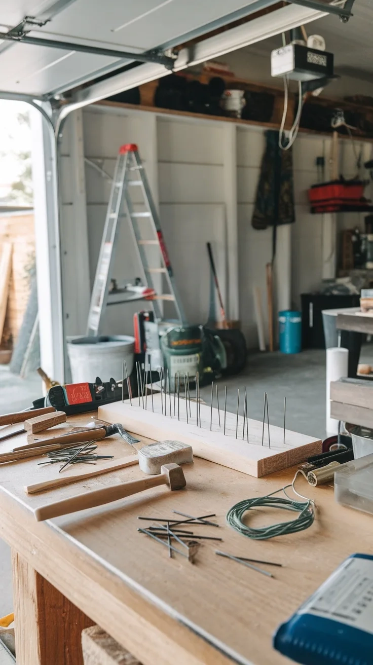 A garage workbench with tools and materials arranged for crafting.