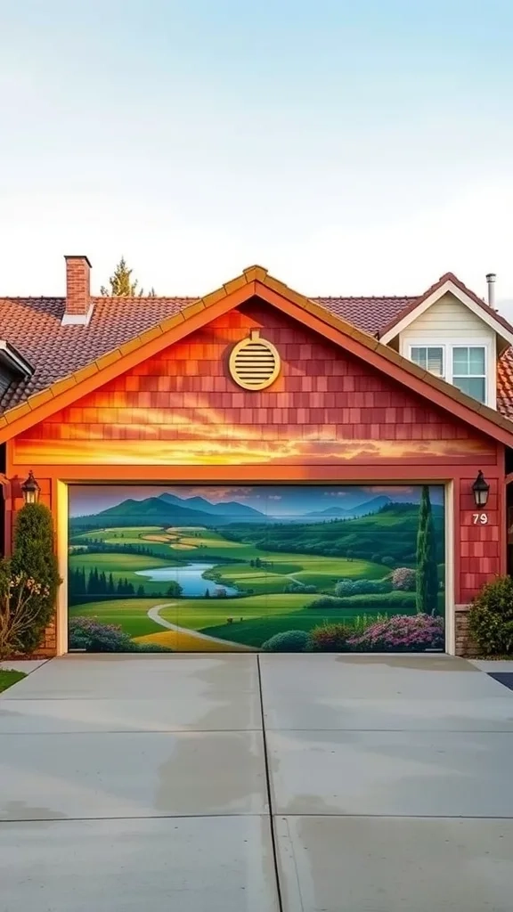 A beautiful mural on a garage door depicting a scenic landscape with rolling hills and a river