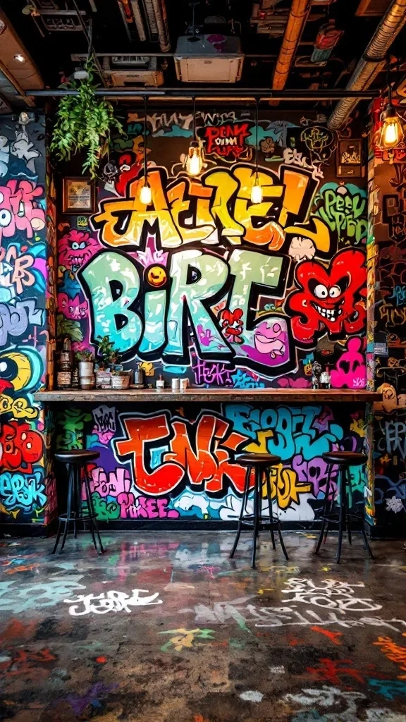 A vibrant graffiti wall in a garage lounge setting, featuring colorful artwork and a bar area.