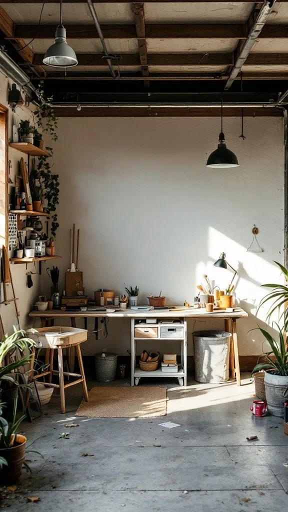 A cozy arts and crafts station in a garage with a large workbench, organized supplies, and plants.