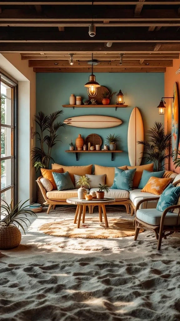 A beach-themed garage retreat with a cozy seating area, teal walls, surfboards, and sandy floor.