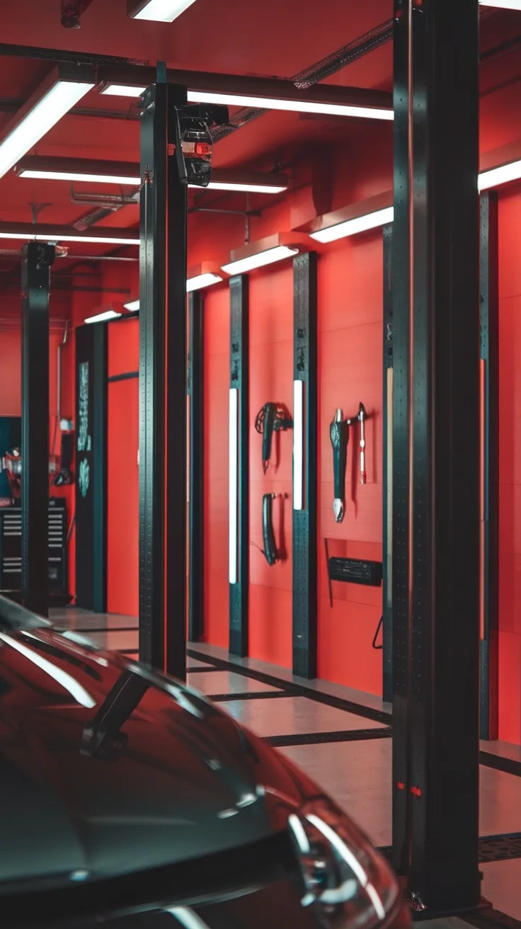 A vibrant red garage wall with tools and black highlights, showcasing a bold color scheme.