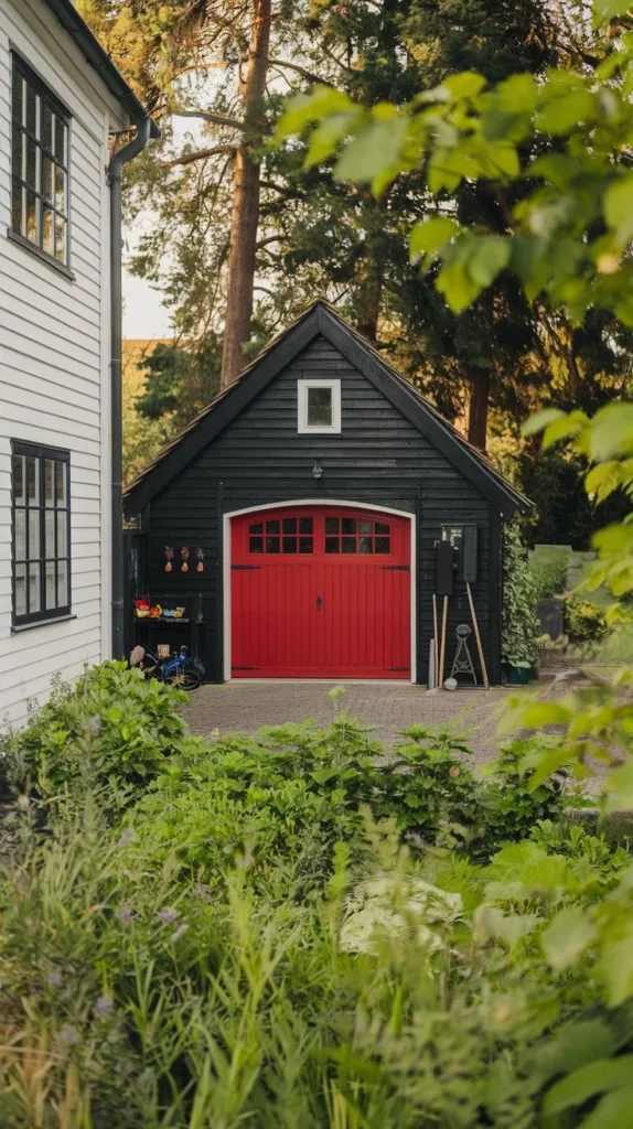 A photo of a black garage with a red door surrounded by a lush green garden. The garage is situated near a white house with black windows. The garage has a few tools and a bike parked outside. The background contains tall trees. The image has a warm hue.