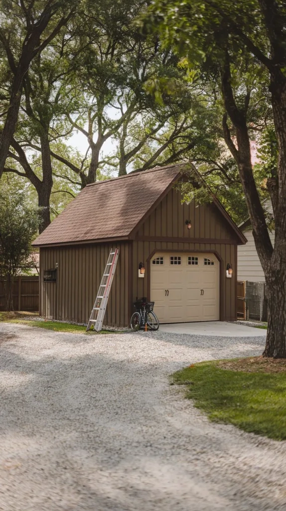 A photo of a garage with brown walls, a brown roof, and beige doors. The garage is surrounded by a gravel driveway and is flanked by trees. There is a ladder leaning against the wall, and a bicycle is parked near the door. The background contains a fence and a building. The lighting is bright.