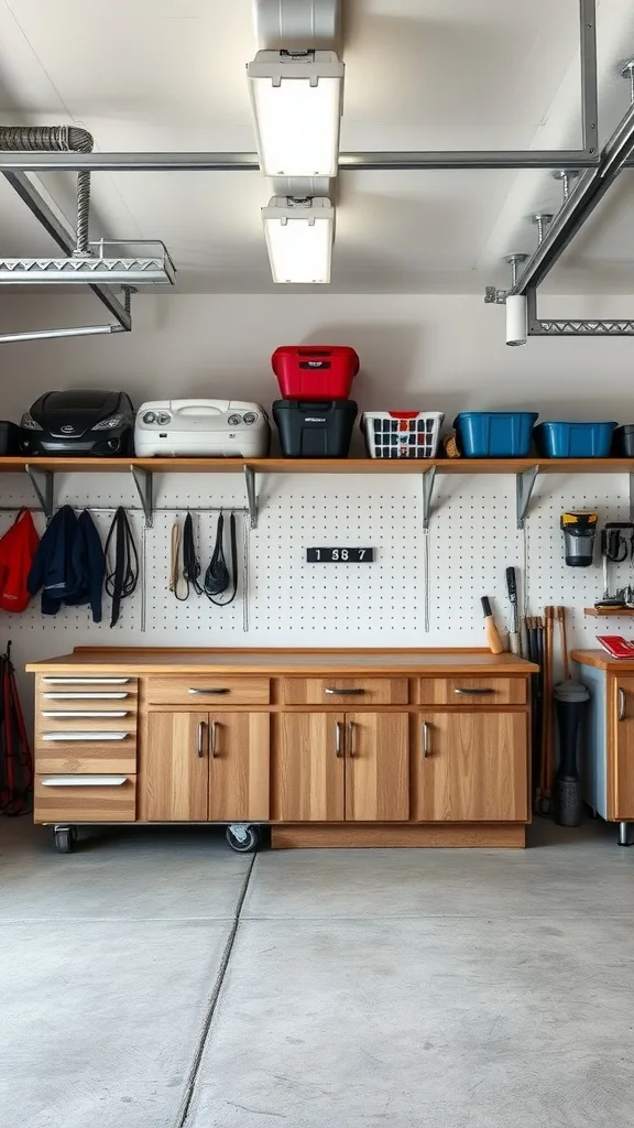 A well-organized garage with a wooden workbench, storage bins, and tools neatly arranged on a pegboard.