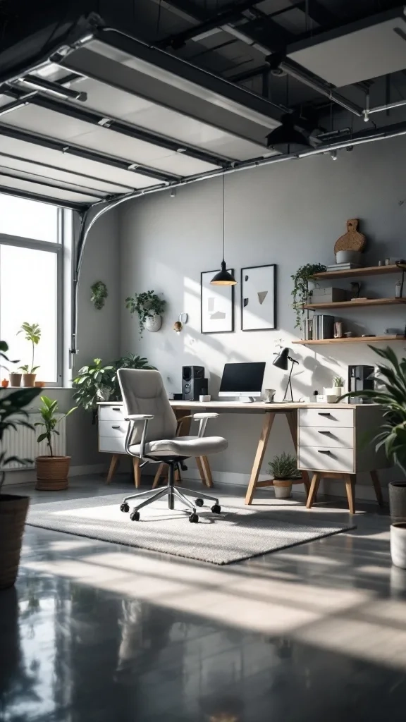 A modern garage converted into a home office with a desk, chair, and shelves.