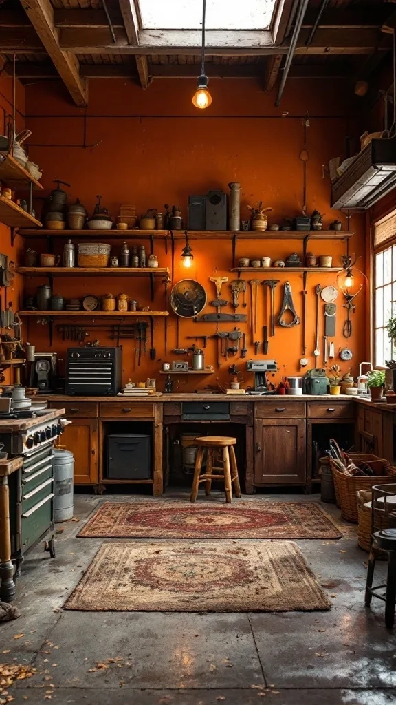A rustic garage with burnt sienna walls, wooden shelves filled with tools, vintage decor, and cozy rugs.