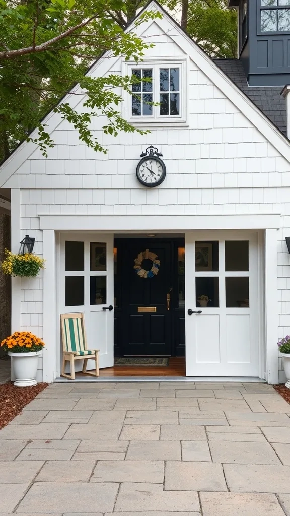 Cape Cod style garage entrance with white shingles and black door