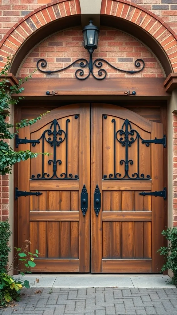 Charming rustic wooden garage doors with wrought iron details.