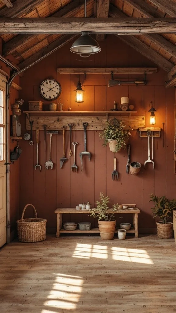 Cozy garage interior with chestnut brown walls, wooden shelves, and rustic tools