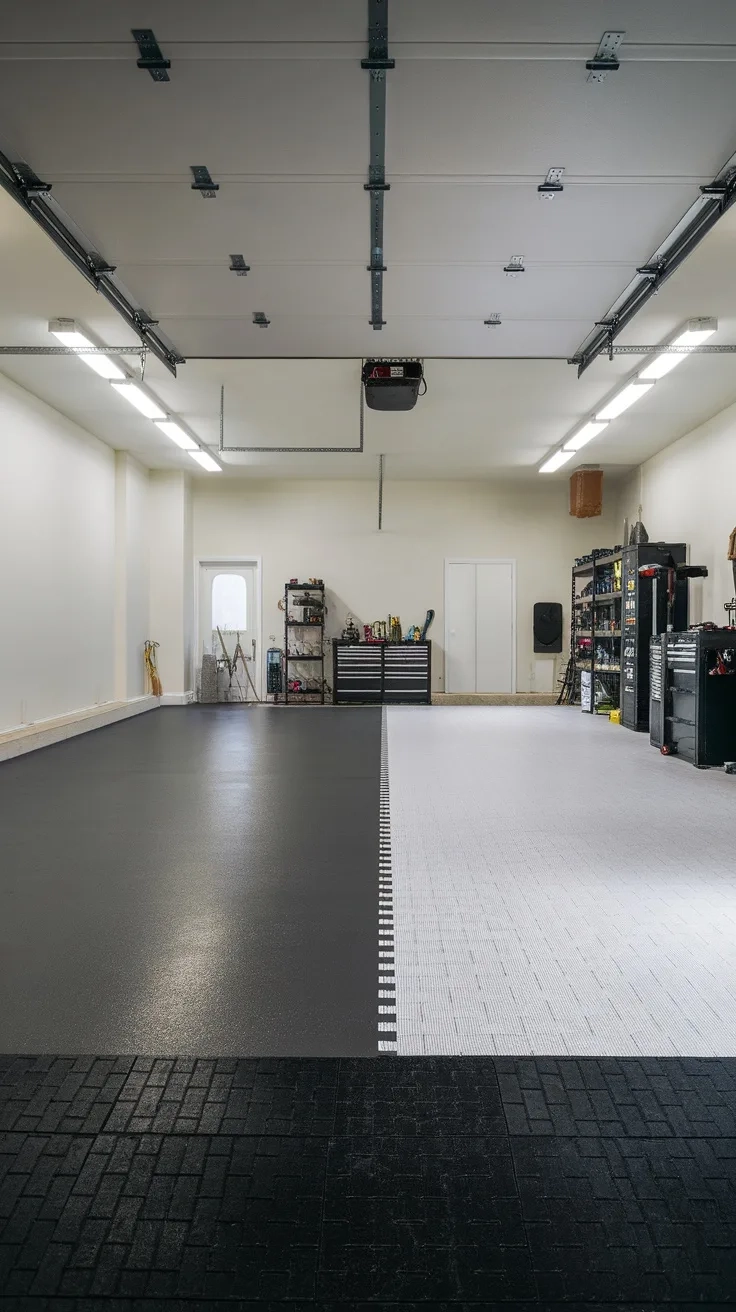 A modern garage featuring a combination of black and white flooring, showcasing a clean and organized space.