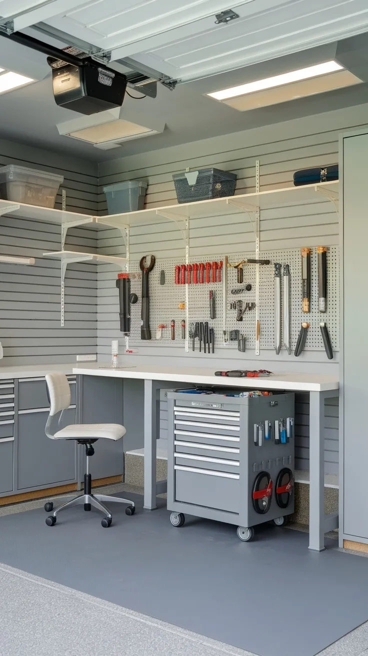 A modern garage featuring light gray walls, a workbench, and organized tools.