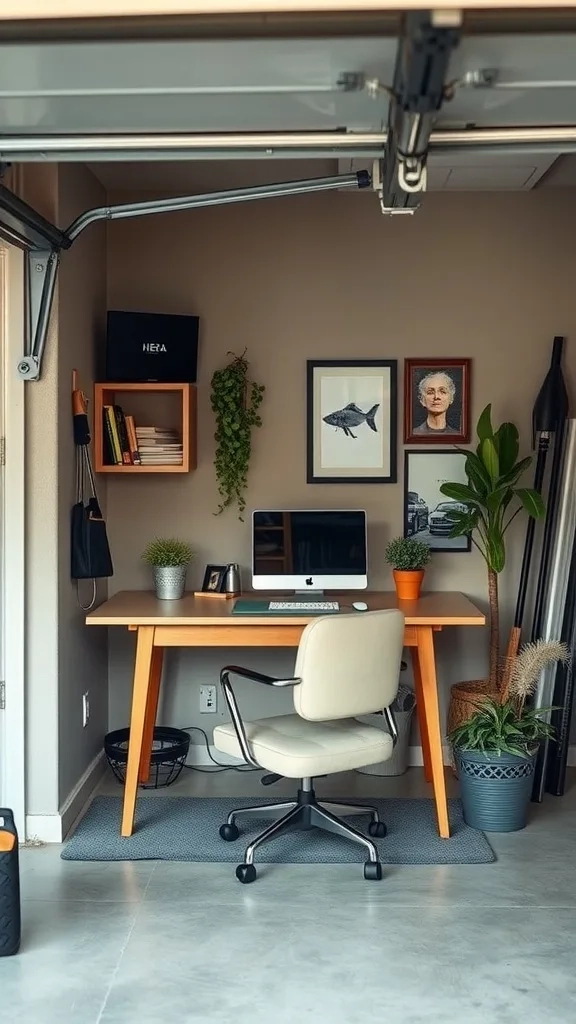 A stylish workspace nook in a garage with a wooden desk, comfortable chair, potted plants, and framed artwork.
