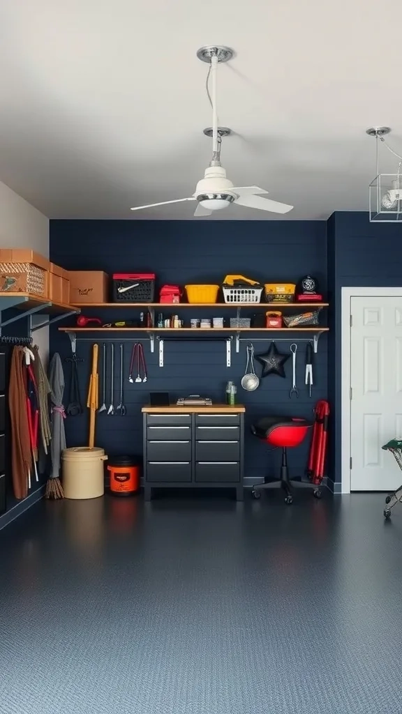 A garage featuring navy blue walls, colorful storage bins, and a clean workspace.