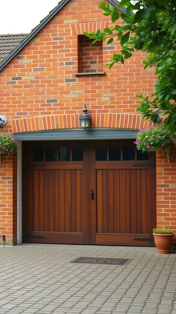 Classic red brick garage entrance with wooden doors and potted plants.