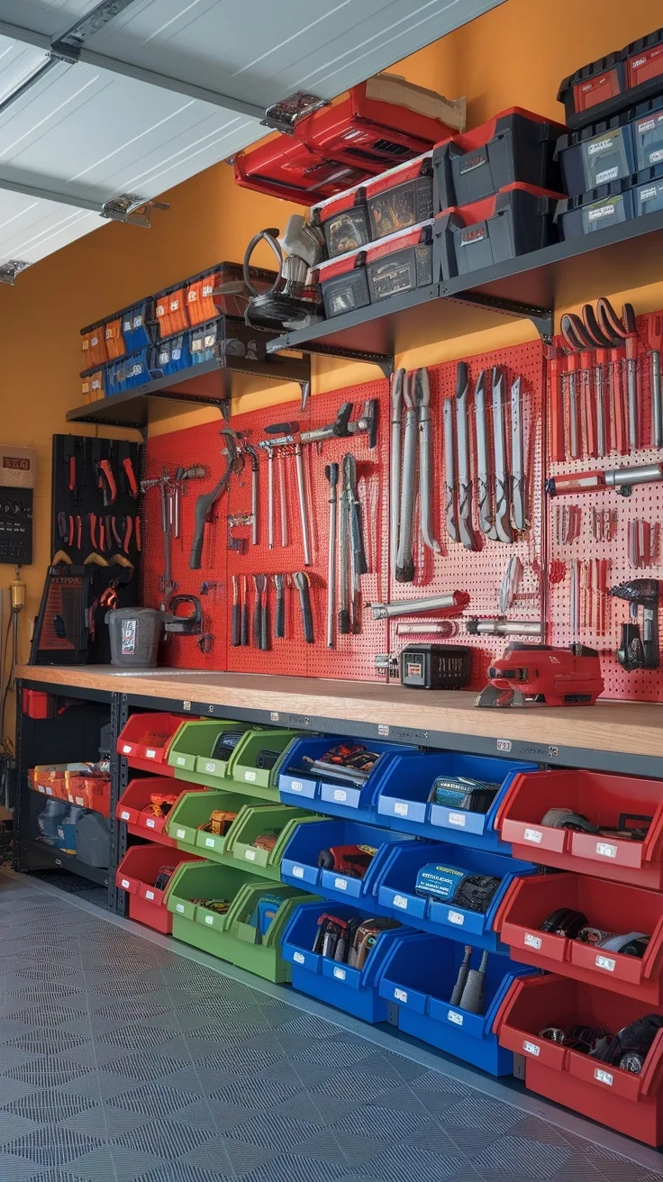 A well-organized garage tool storage area featuring colorful bins and pegboards.