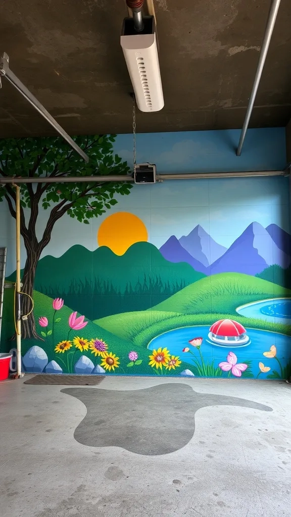 A colorful garage mural featuring mountains, a river, and playful animals with the text 'IS TO AR VET!'