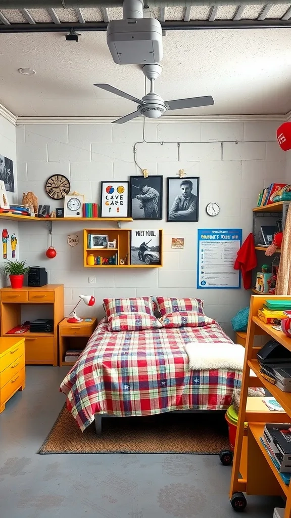 A colorful garage bedroom featuring a plaid bedspread, yellow furniture, and fun decor.