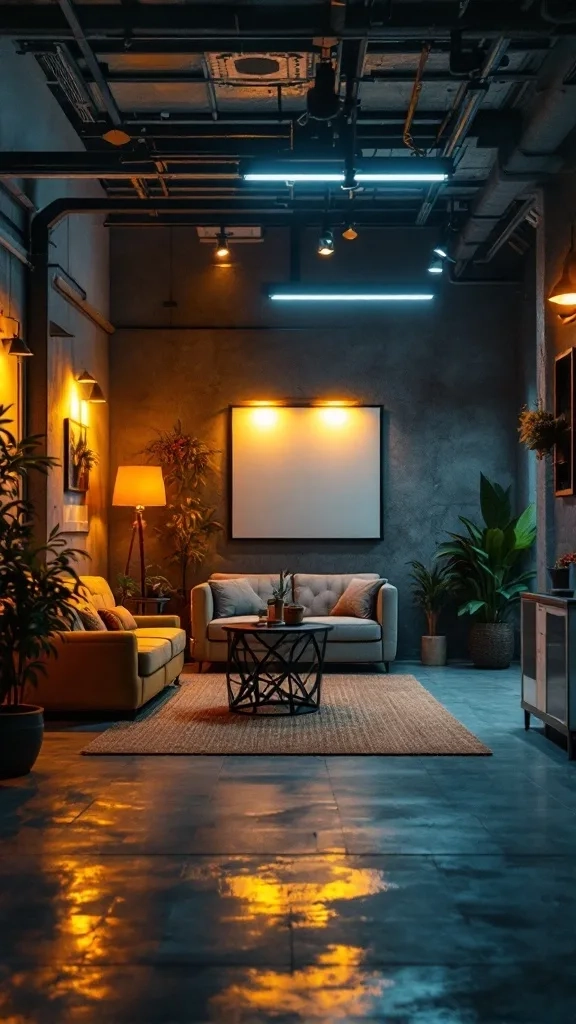 Cozy garage hangout area with stylish lighting and seating
