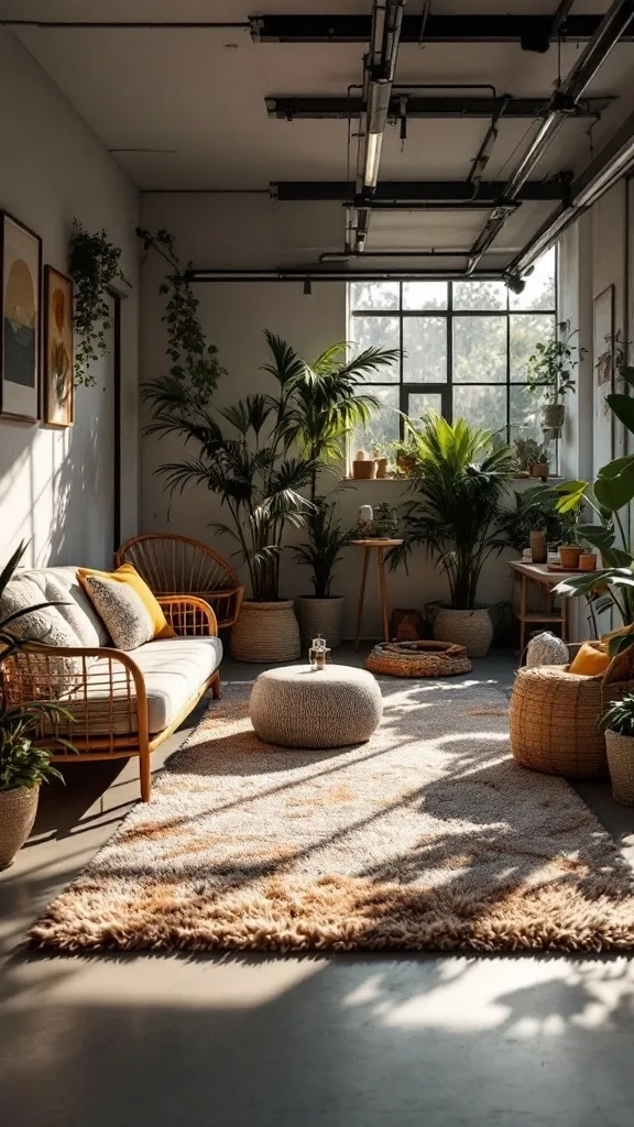 Cozy garage lounge with a soft outdoor-style rug, plants, and comfortable seating