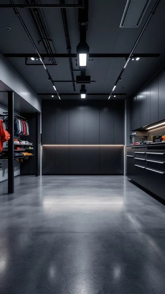 A modern garage featuring sleek dark cabinetry and polished concrete flooring with smart lighting.