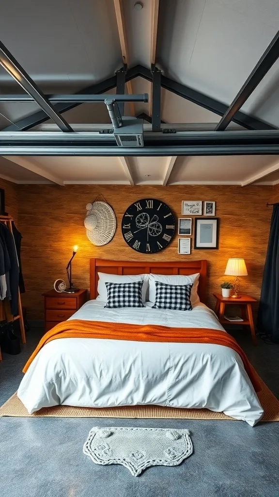 Cozy garage converted into a bedroom with a bed, decorative elements, and warm lighting.