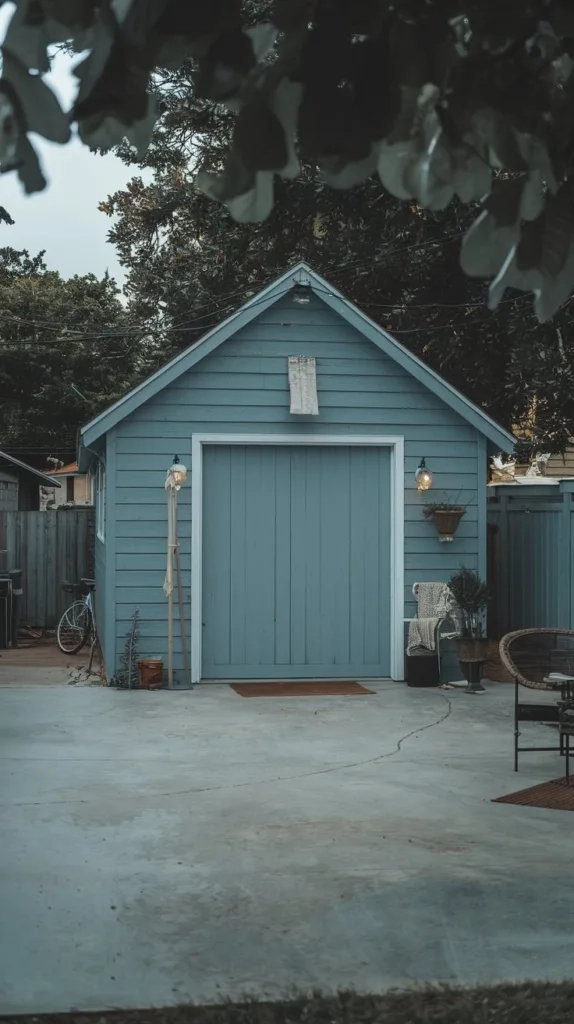 A photo of a garage painted in a cool blue shade. The garage has a wooden door and is surrounded by a concrete patio. There are items such as a bicycle, a plant, and a chair near the garage. The background contains a fence and trees. The overall image has a serene atmosphere.