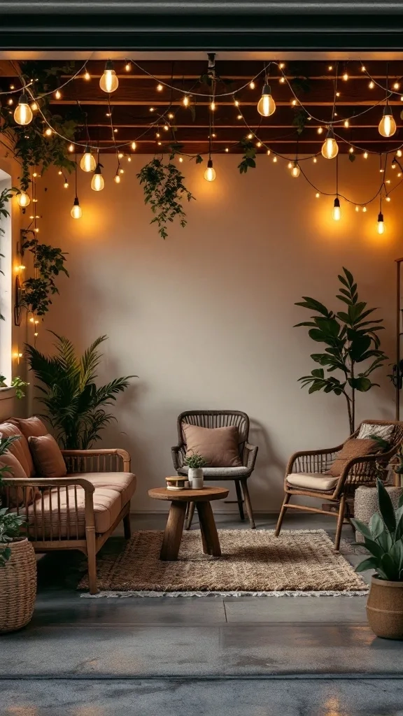 Cozy lounge area in a garage with string lights and comfortable seating.