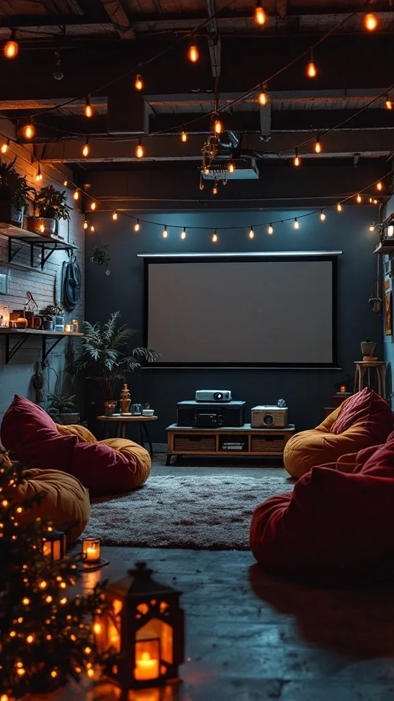 A cozy movie corner in a garage with bean bags, string lights, and a large screen.