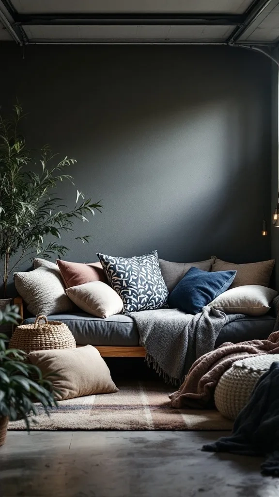 Cozy garage nook with a sofa, pillows, and throws, surrounded by plants.