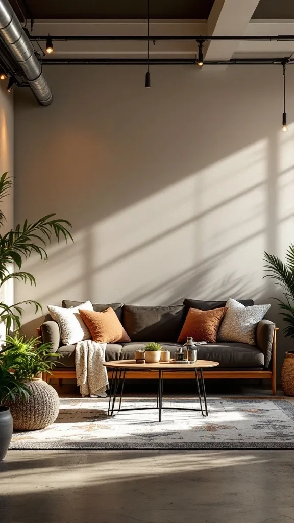 A cozy seating area in a garage with plush cushions and a warm decorative style.