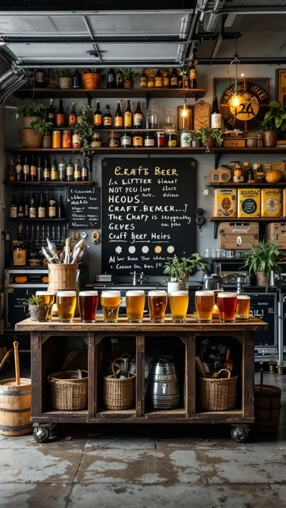 A cozy garage setup featuring a craft beer tasting station with various beer glasses, a rustic wooden table, and shelves filled with bottles.