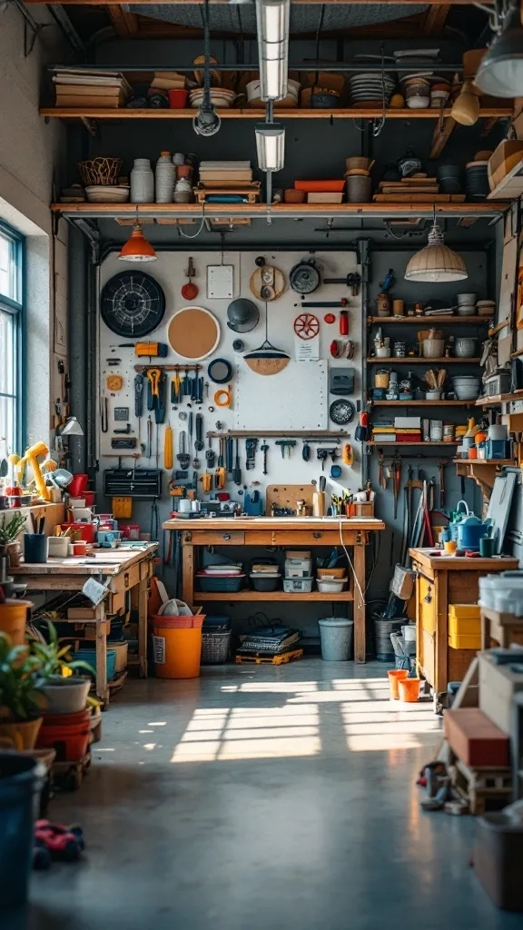 A well-organized craft workshop in a garage with tools, plants, and vibrant containers.