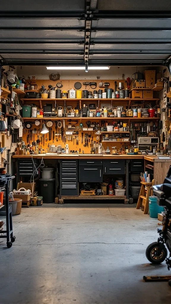 A cozy workshop with organized tools, a workbench, and good lighting.