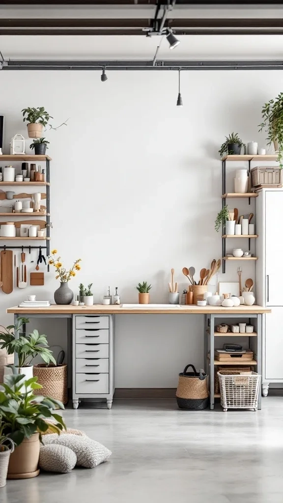 A minimalist garage converted into a hobby room for crafts, featuring a spacious workbench, organized shelves, and plants.