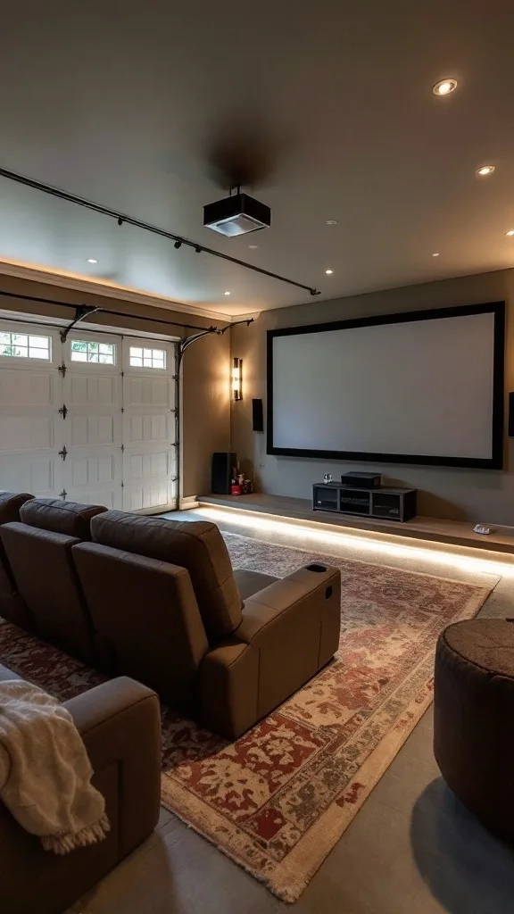 A cozy home theater setup in a garage with a large screen, projector, and comfortable seating.