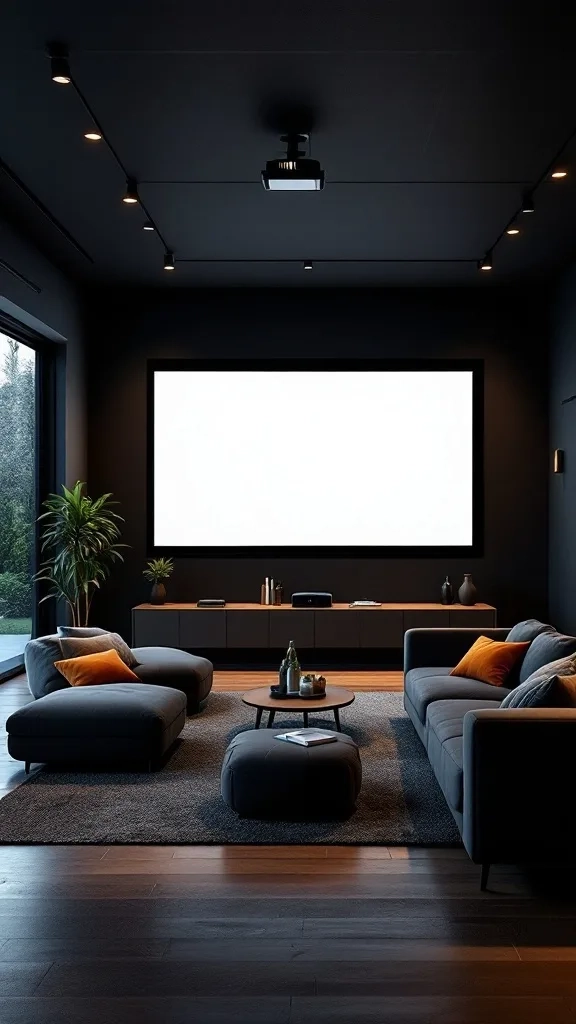 A minimalist home theater setup in a garage conversion with a projector, large screen, and cozy seating.