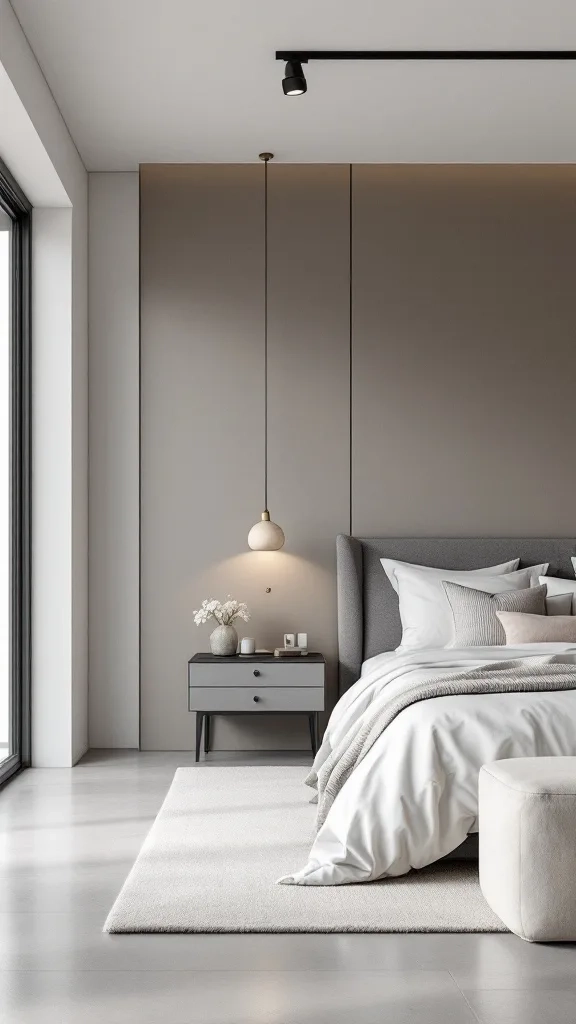 Minimalist guest bedroom with a cozy bed, soft linens, and elegant decor.