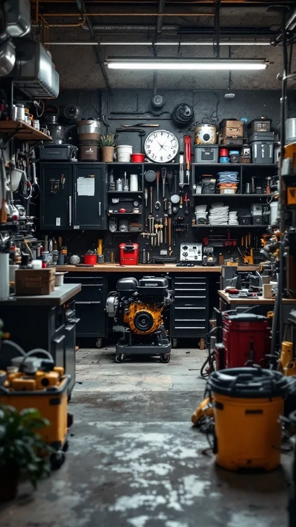 A well-organized garage workshop with tools, equipment, and storage for small engine repair.