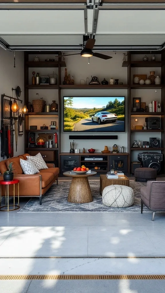 A cozy garage entertainment space with seating, a foosball table, and a TV.