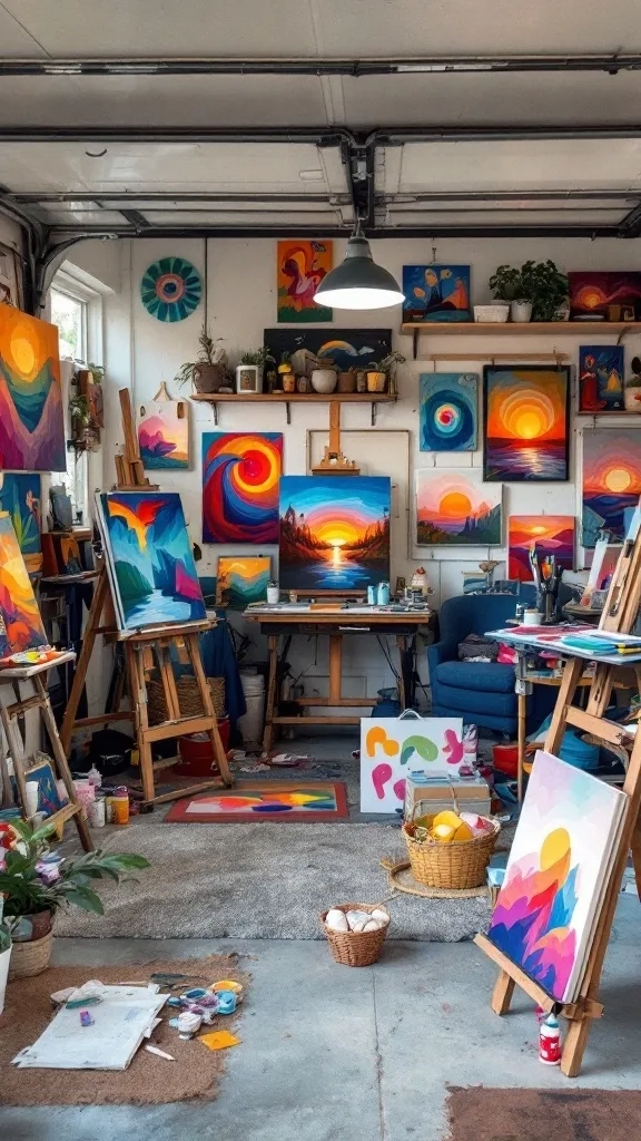 Art studio with easels displaying various paintings and a warm, inviting atmosphere