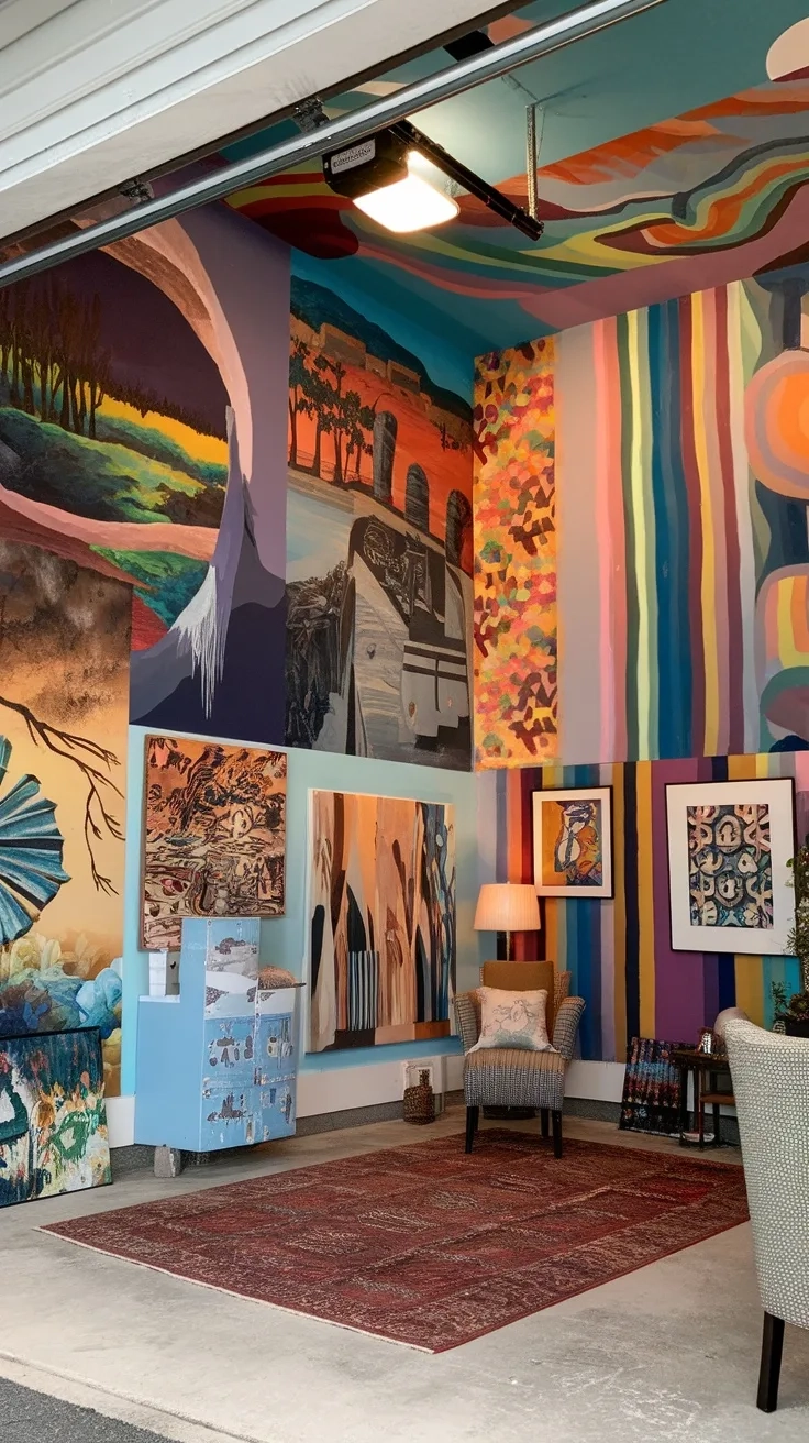 A vibrant garage featuring creative wall art and murals, showcasing various artistic styles.